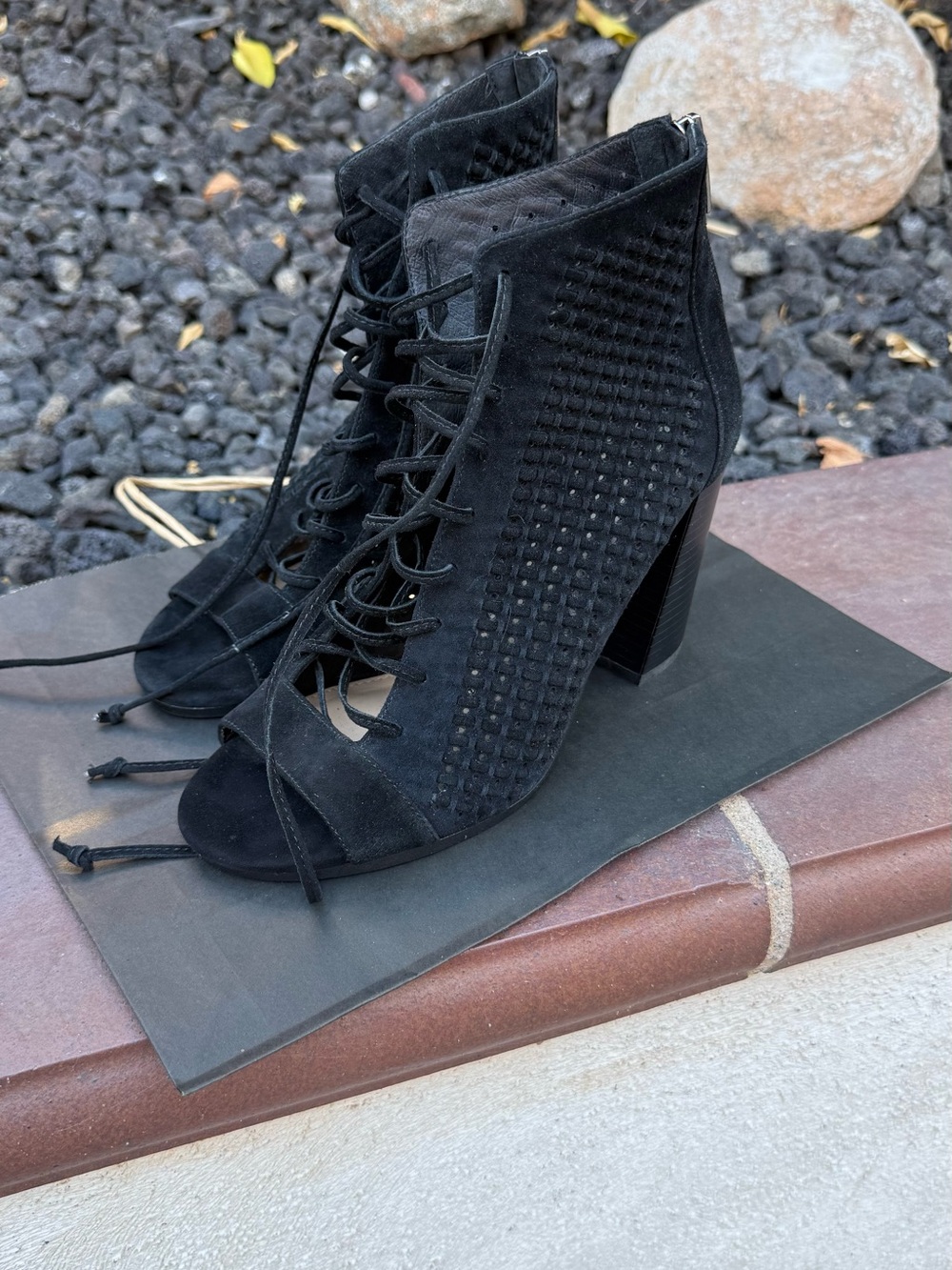 Vince Camuto Black Lace-Up Peep Toe Block Heel Boots